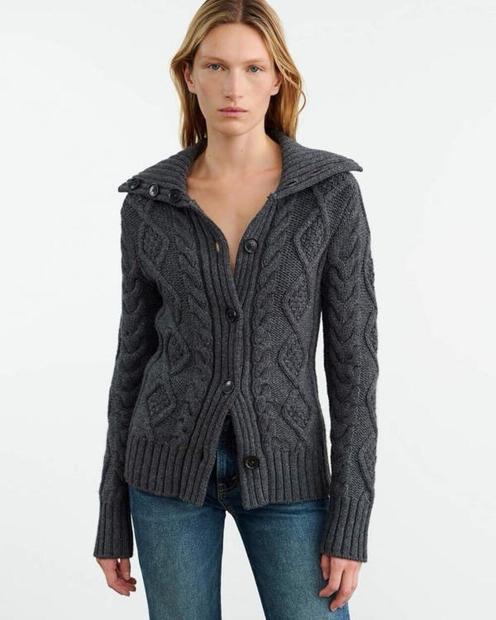 Nili Lotan Allegra Cable Knit Wool Cashmere Cardigan Large Dark Grey Melange